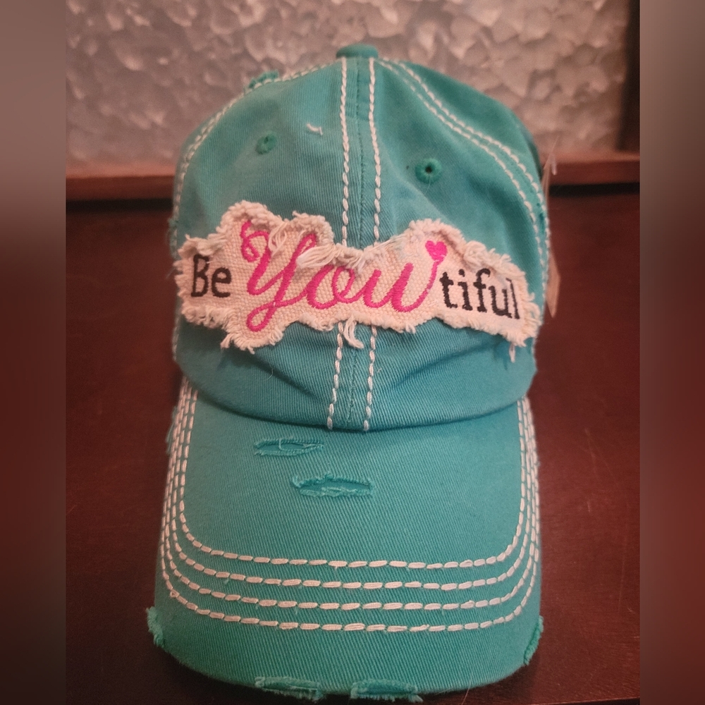 New! Teal 'BeYOUtiful' Distressed Baseball Cap